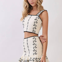 Floral Embroidered Contrast Trim Crop Top