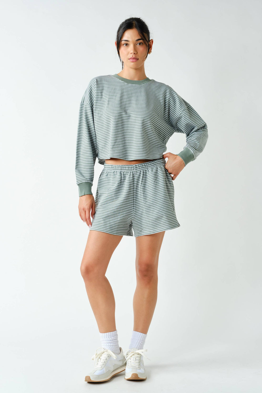 Boardwalk Stripe Crewneck Set: EUCALYPTUS/WHITE