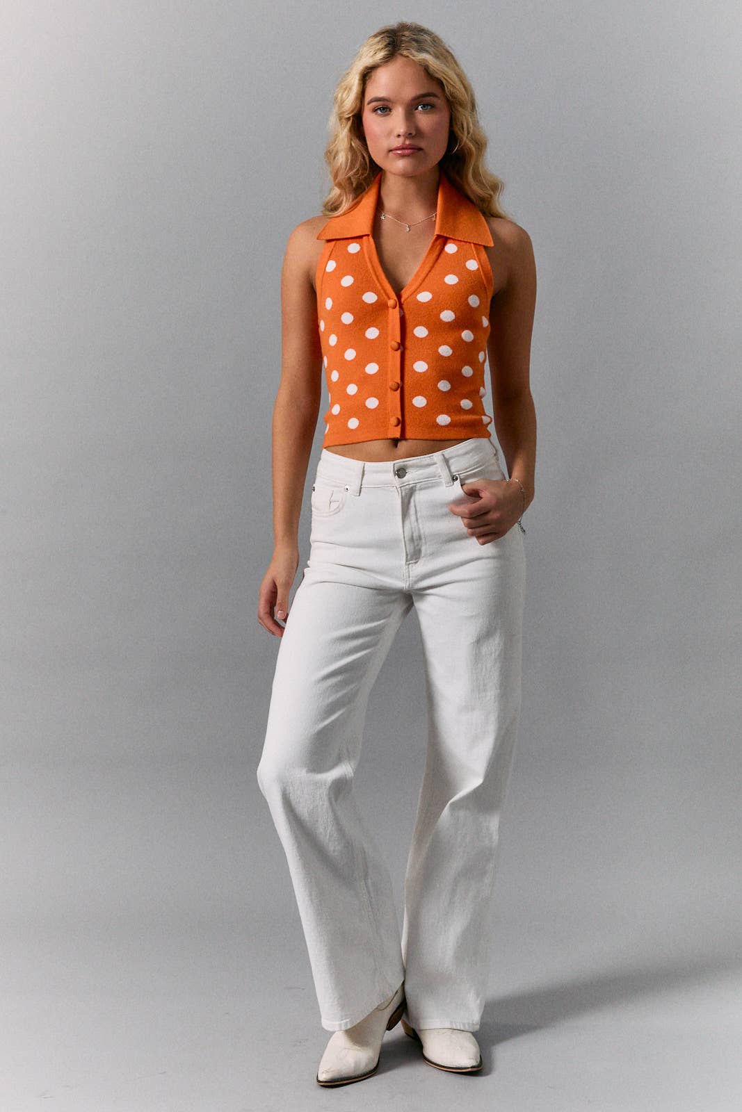GameDay V-NECK HALTER POLKA DOT KNIT SWEATER TOP