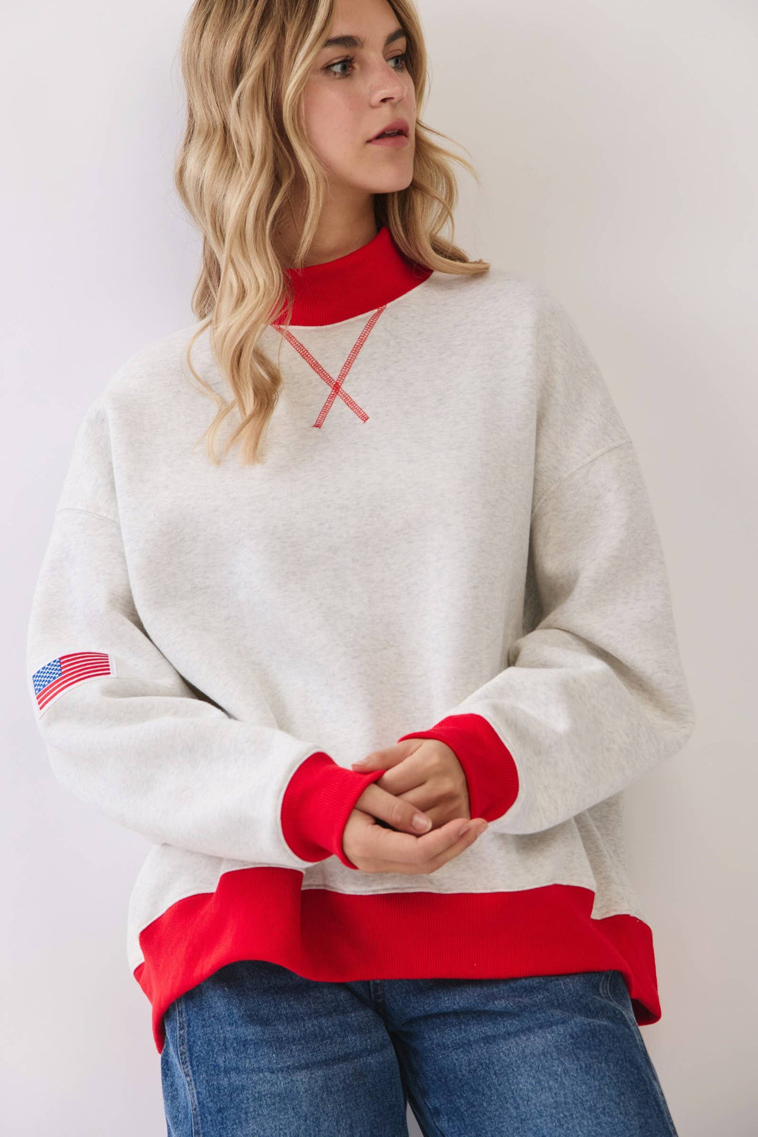 American Flag Patch Contrast Mock Neck Sweatshirt