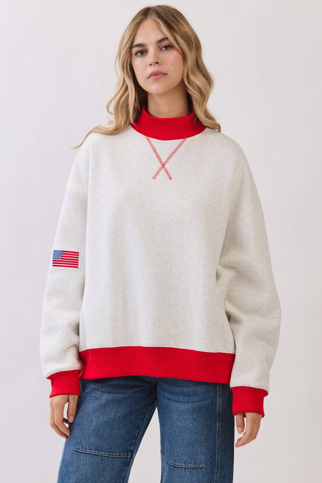 American Flag Patch Contrast Mock Neck Sweatshirt