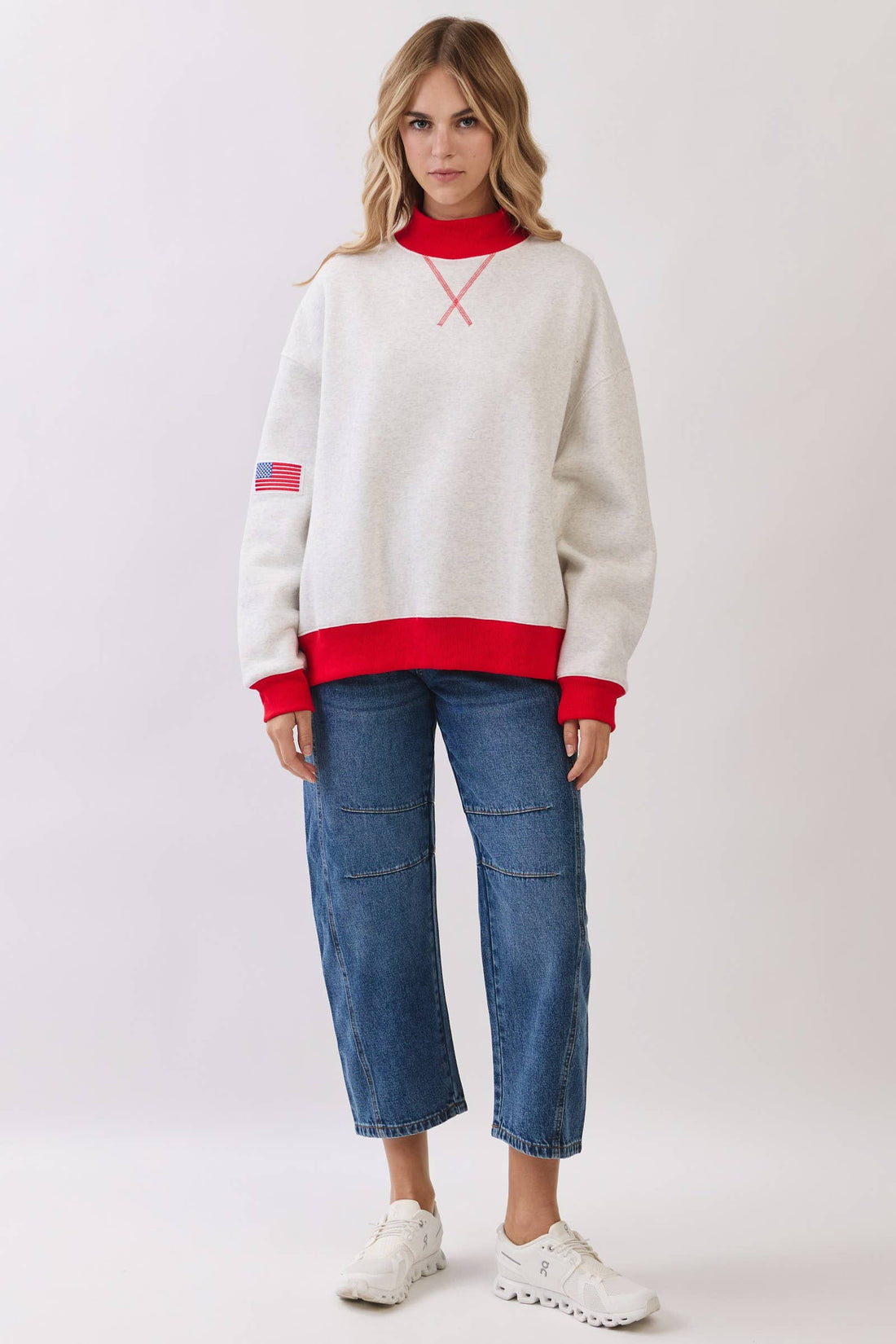 American Flag Patch Contrast Mock Neck Sweatshirt