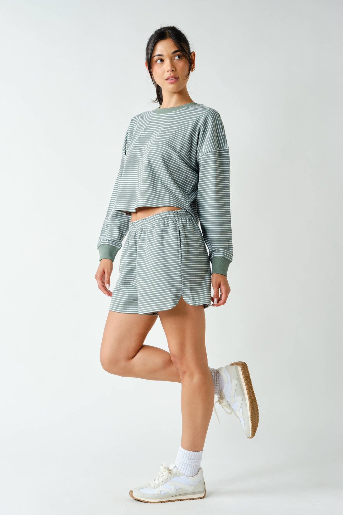 Boardwalk Stripe Crewneck Set: EUCALYPTUS/WHITE