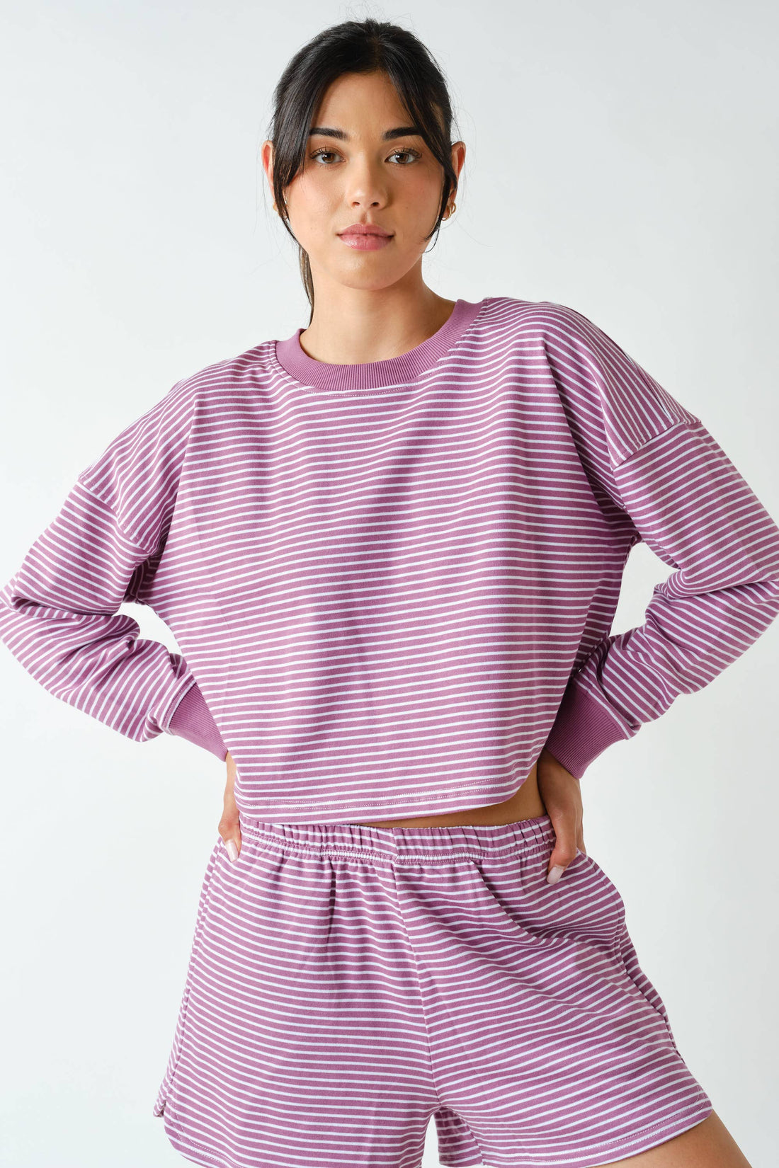 Boardwalk Stripe Crewneck Set: MULBERRY/WHITE